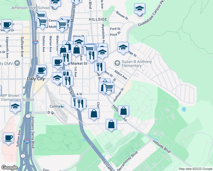 map of restaurants, bars, coffee shops, grocery stores, and more near 570 Sylvan Street in Daly City