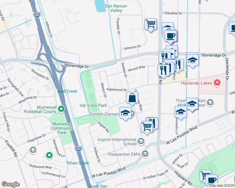 map of restaurants, bars, coffee shops, grocery stores, and more near 4491 Downing Court in Pleasanton