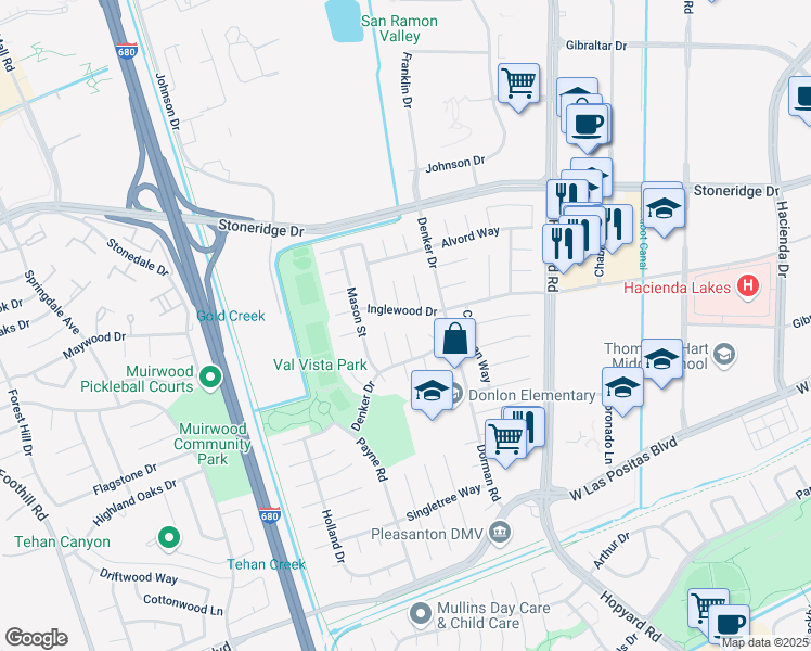 map of restaurants, bars, coffee shops, grocery stores, and more near 4491 Downing Court in Pleasanton