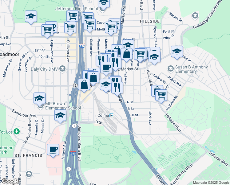 map of restaurants, bars, coffee shops, grocery stores, and more near 7428 Mission Street in Daly City