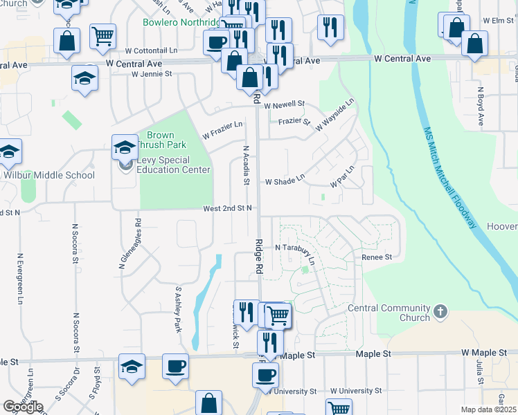 map of restaurants, bars, coffee shops, grocery stores, and more near West 2nd Street North in Wichita