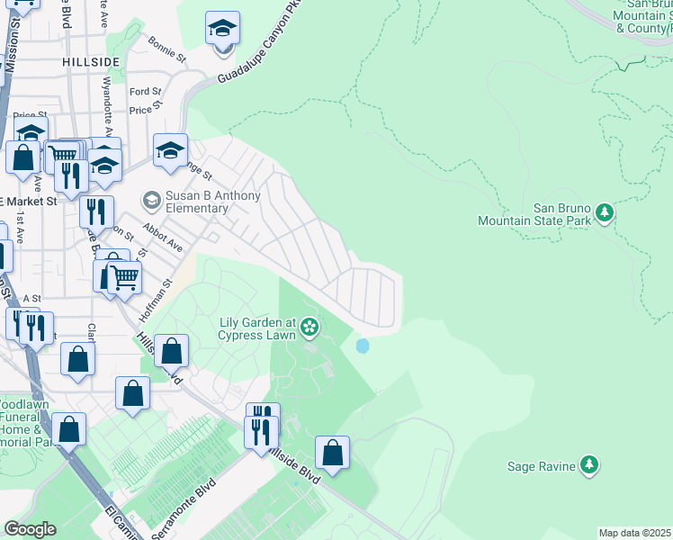 map of restaurants, bars, coffee shops, grocery stores, and more near 11 Seashore Drive in Daly City