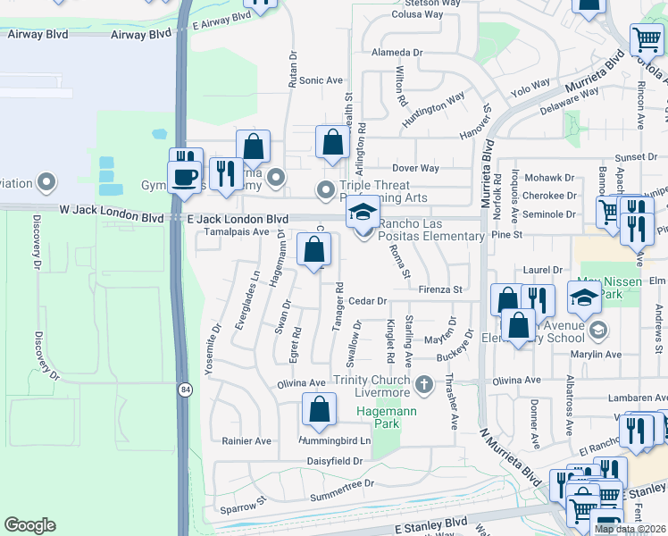 map of restaurants, bars, coffee shops, grocery stores, and more near 850 Tanager Road in Livermore