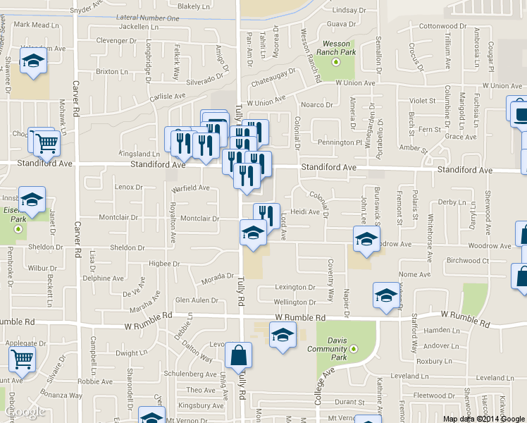 map of restaurants, bars, coffee shops, grocery stores, and more near 3340 Tully Road in Modesto