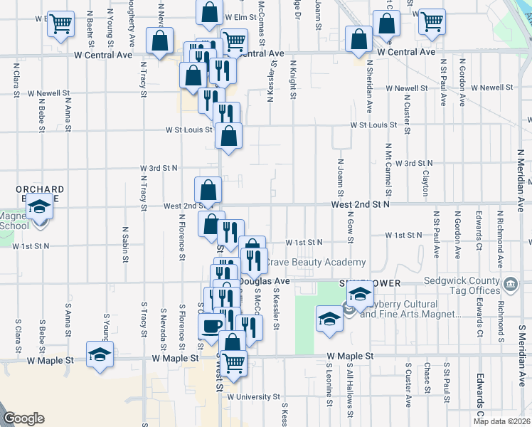 map of restaurants, bars, coffee shops, grocery stores, and more near 3536 West 2nd Street North in Wichita