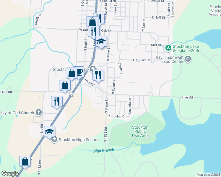 map of restaurants, bars, coffee shops, grocery stores, and more near 1212 South Scenic Street in Stockton