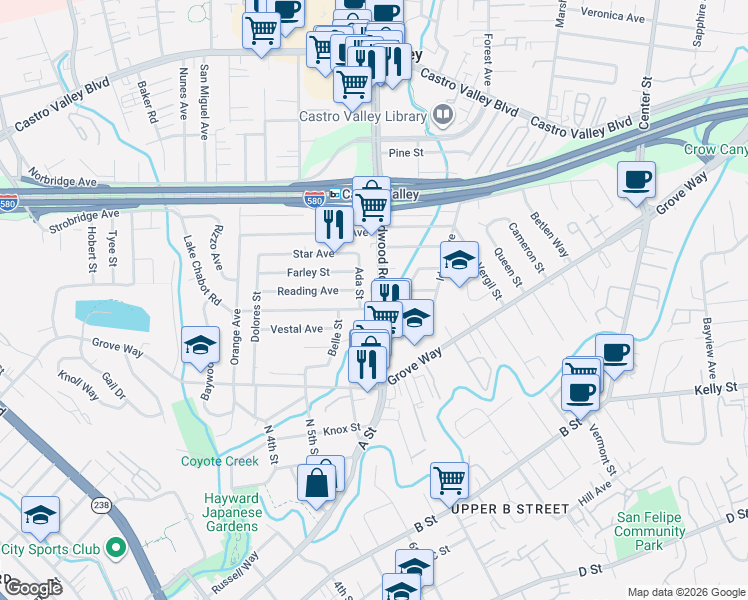 map of restaurants, bars, coffee shops, grocery stores, and more near 22093 Redwood Road in Castro Valley