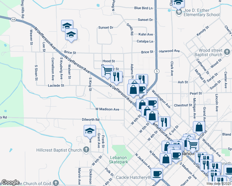 map of restaurants, bars, coffee shops, grocery stores, and more near 840-886 North Jefferson Avenue in Lebanon