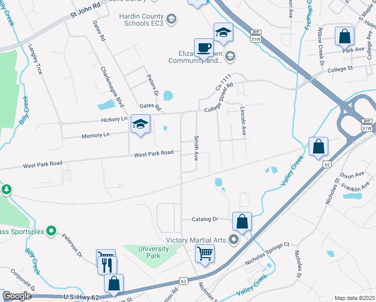map of restaurants, bars, coffee shops, grocery stores, and more near 625 Mary Knoll Drive in Elizabethtown