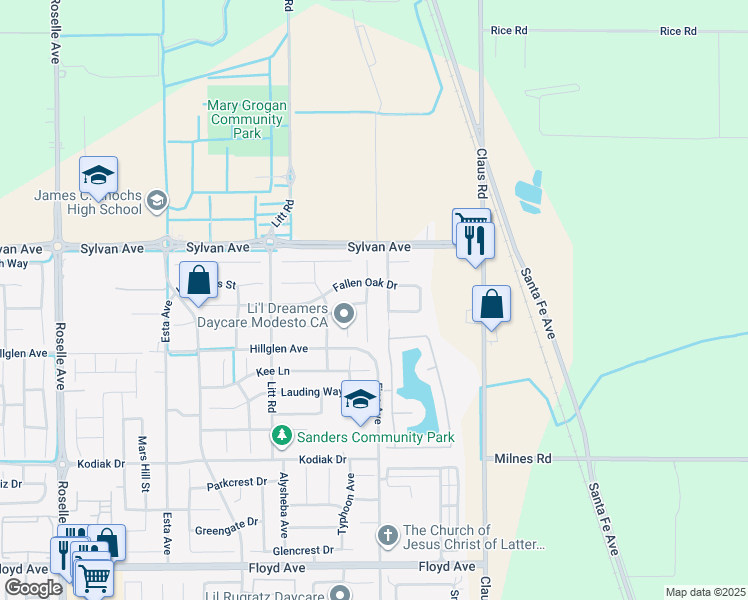 map of restaurants, bars, coffee shops, grocery stores, and more near 3400 Creek Bed Court in Modesto