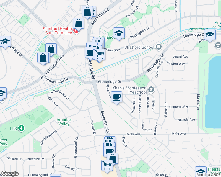 map of restaurants, bars, coffee shops, grocery stores, and more near 4005 Stoneridge Drive in Pleasanton