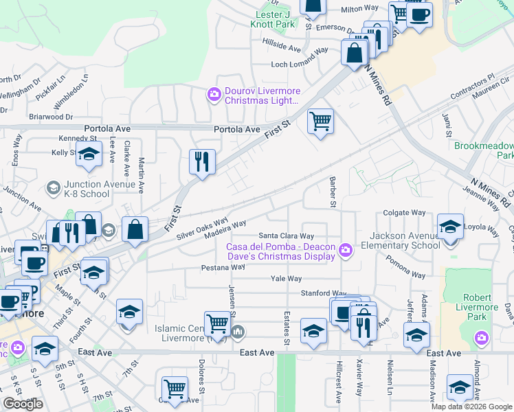 map of restaurants, bars, coffee shops, grocery stores, and more near 3869 Silver Oaks Way in Livermore