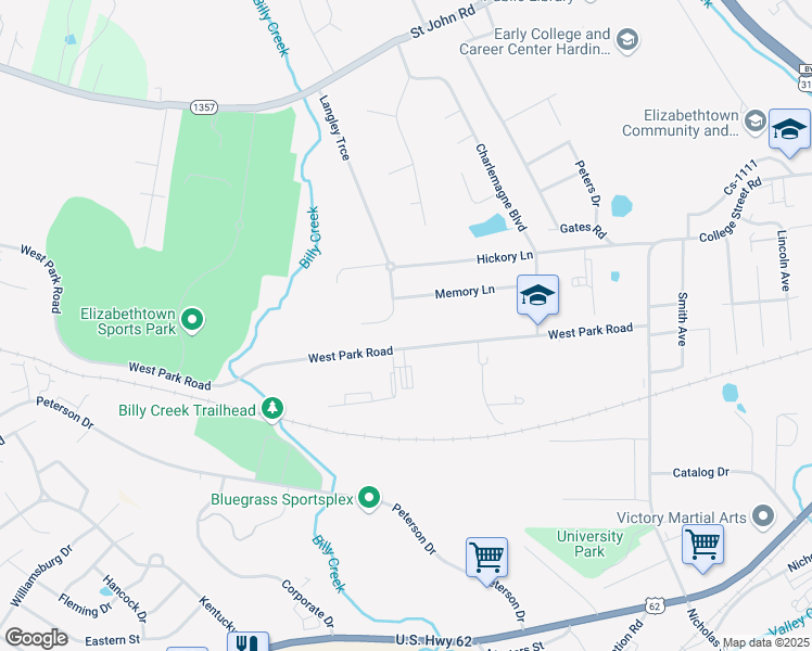 map of restaurants, bars, coffee shops, grocery stores, and more near 610 Langley Trce in Elizabethtown