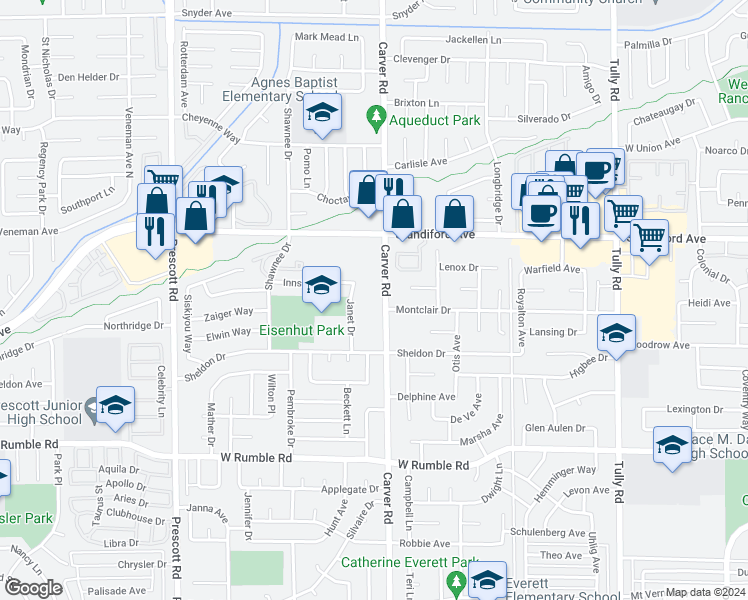 map of restaurants, bars, coffee shops, grocery stores, and more near 3333 Carver Road in Modesto