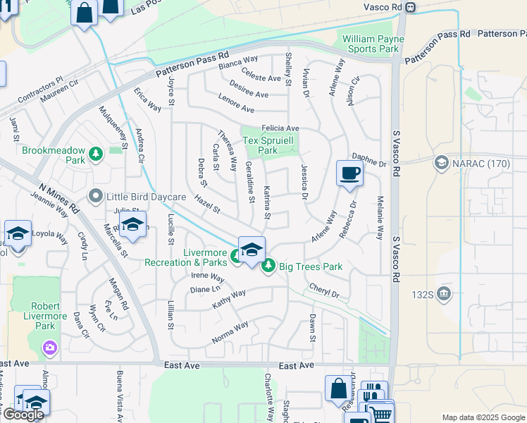 map of restaurants, bars, coffee shops, grocery stores, and more near 805 Katrina Street in Livermore