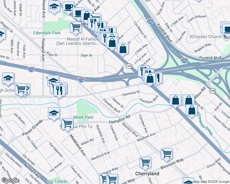 map of restaurants, bars, coffee shops, grocery stores, and more near 793 Morrill Street in Hayward