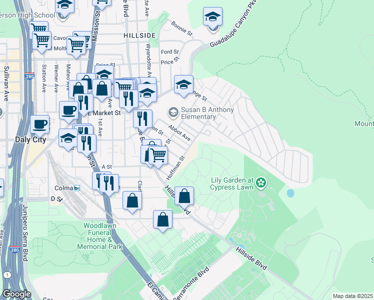 map of restaurants, bars, coffee shops, grocery stores, and more near 679 Lisbon Street in Daly City