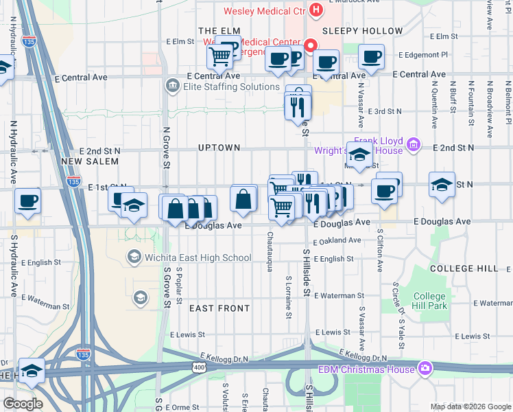 map of restaurants, bars, coffee shops, grocery stores, and more near 128 1/2 North Erie Street in Wichita