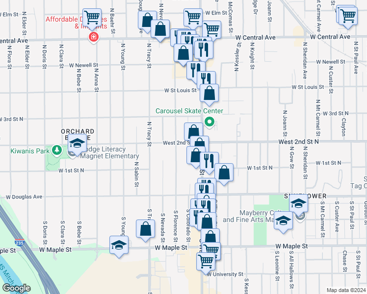 map of restaurants, bars, coffee shops, grocery stores, and more near 4142 West 2nd Street North in Wichita