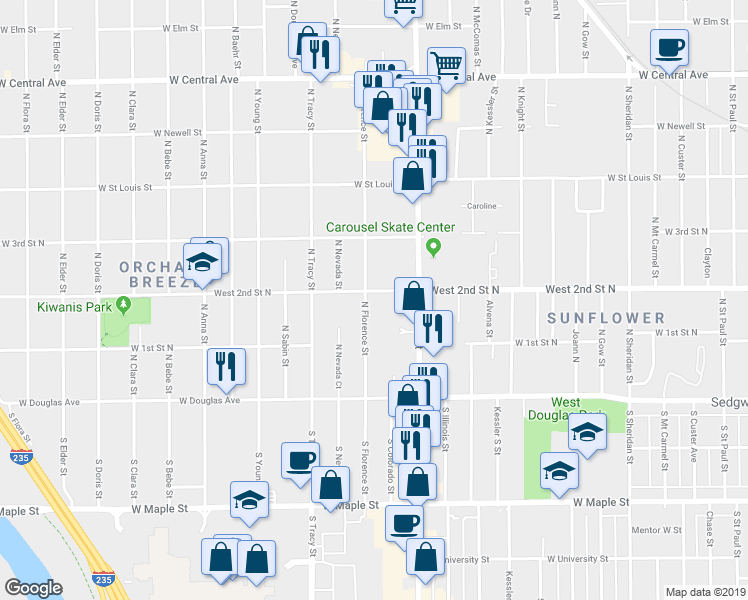 map of restaurants, bars, coffee shops, grocery stores, and more near 4200 West 2nd Street North in Wichita