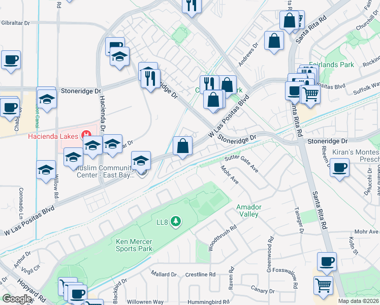 map of restaurants, bars, coffee shops, grocery stores, and more near 3254 Verde Court in Pleasanton