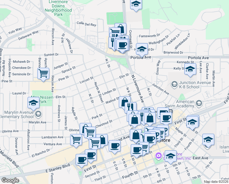map of restaurants, bars, coffee shops, grocery stores, and more near 597 North L Street in Livermore