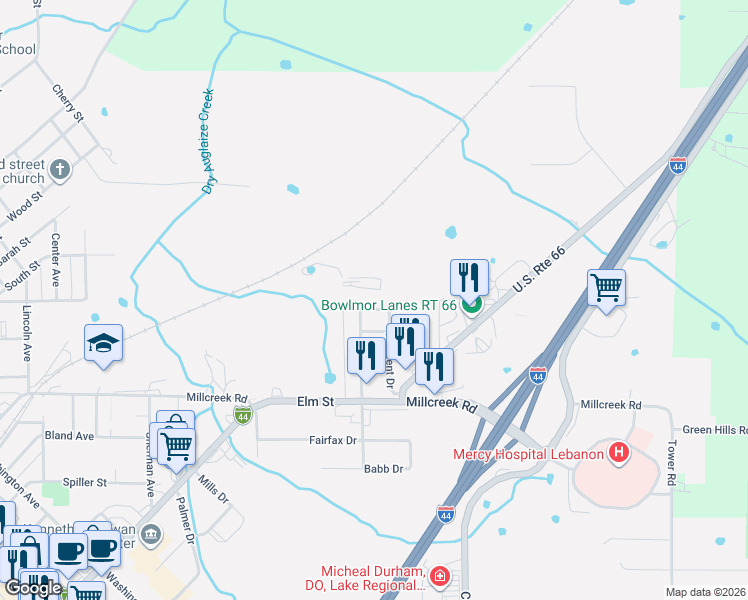 map of restaurants, bars, coffee shops, grocery stores, and more near 137 Crescent Drive in Lebanon