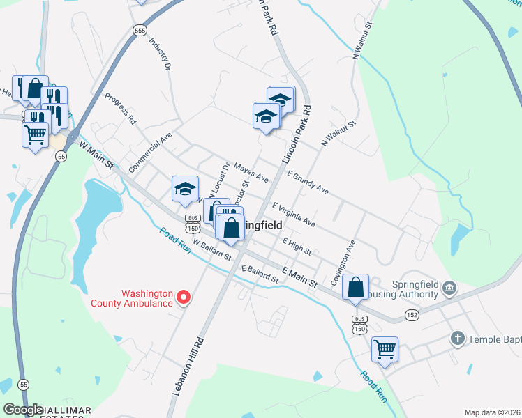 map of restaurants, bars, coffee shops, grocery stores, and more near 199 W Virginia Ave in Springfield
