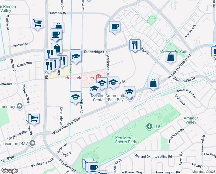 map of restaurants, bars, coffee shops, grocery stores, and more near  in Pleasanton