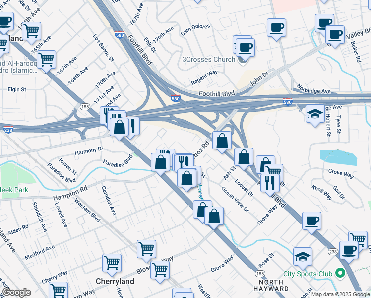 map of restaurants, bars, coffee shops, grocery stores, and more near 1282 Mattox Road in Hayward