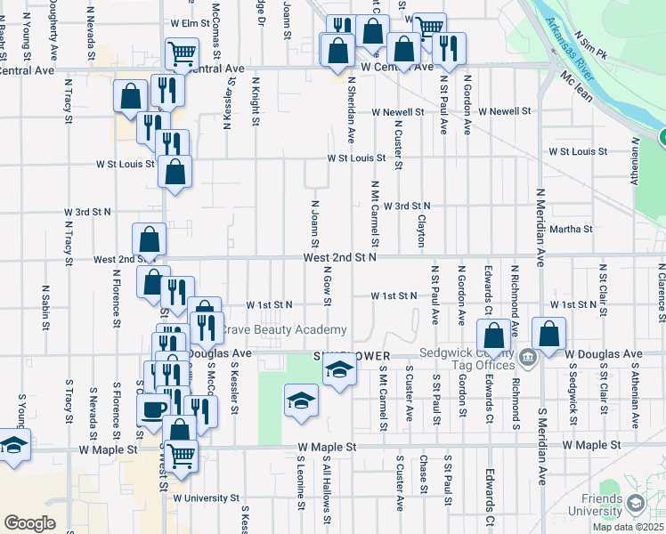 map of restaurants, bars, coffee shops, grocery stores, and more near 250 North Gow Street in Wichita