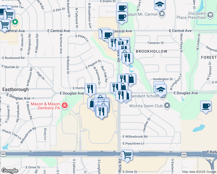 map of restaurants, bars, coffee shops, grocery stores, and more near 111 Burr Oak Road in Wichita