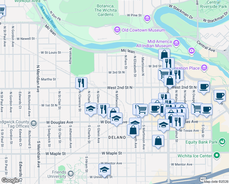 map of restaurants, bars, coffee shops, grocery stores, and more near 255 Millwood North in Wichita