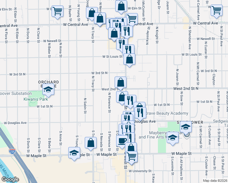 map of restaurants, bars, coffee shops, grocery stores, and more near 4142 West 2nd Street North in Wichita
