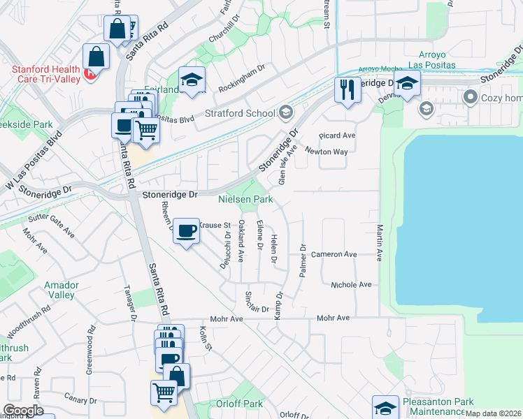 map of restaurants, bars, coffee shops, grocery stores, and more near 3755 Stoneridge Drive in Pleasanton