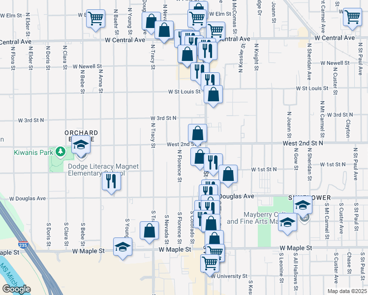 map of restaurants, bars, coffee shops, grocery stores, and more near 264 North Florence Street in Wichita