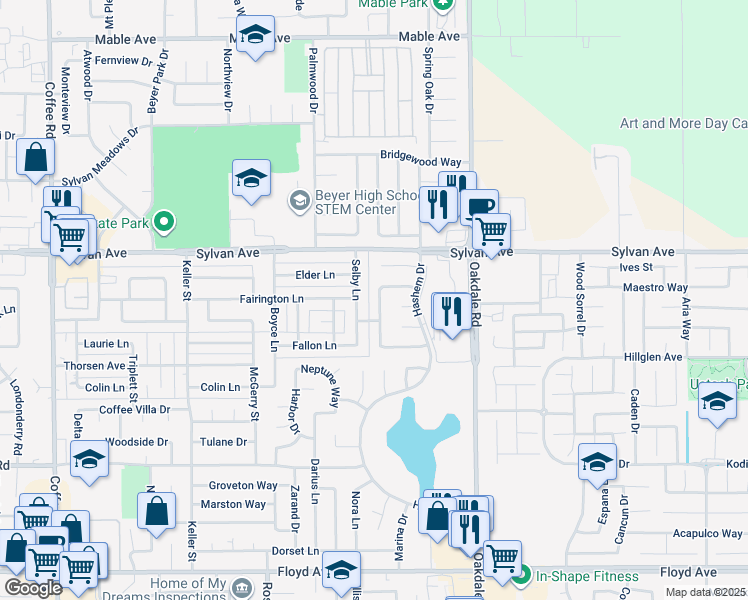 map of restaurants, bars, coffee shops, grocery stores, and more near 1917 Fairington Lane in Modesto