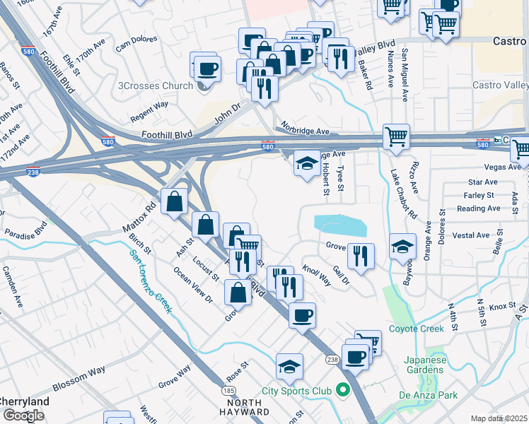 map of restaurants, bars, coffee shops, grocery stores, and more near 21228 Gary Drive in Hayward
