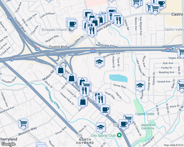 map of restaurants, bars, coffee shops, grocery stores, and more near 21228 Gary Drive in Hayward