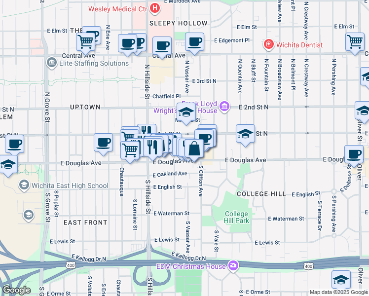 map of restaurants, bars, coffee shops, grocery stores, and more near 3312 Victor Place in Wichita