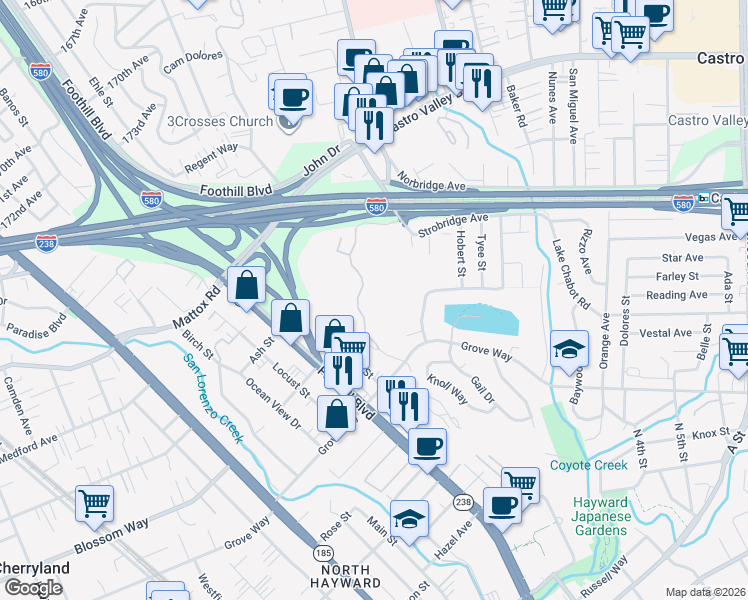 map of restaurants, bars, coffee shops, grocery stores, and more near in Hayward