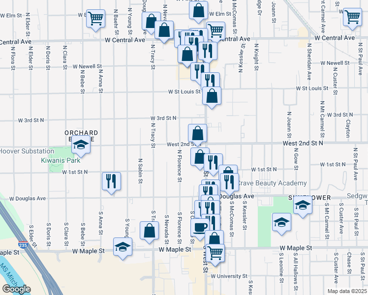 map of restaurants, bars, coffee shops, grocery stores, and more near 266 North Florence Street in Wichita