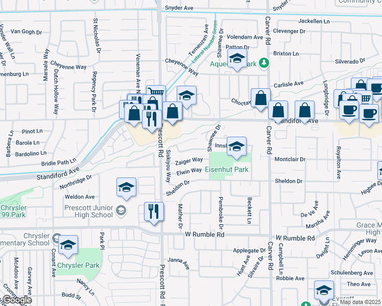map of restaurants, bars, coffee shops, grocery stores, and more near 2028 Stracker Way in Modesto