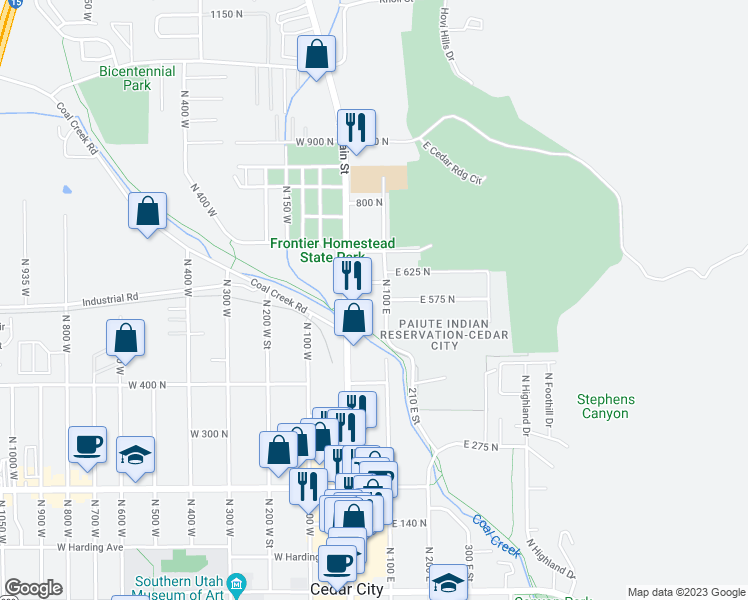map of restaurants, bars, coffee shops, grocery stores, and more near 565 North 100 East in Cedar City