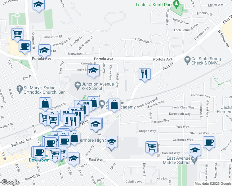 map of restaurants, bars, coffee shops, grocery stores, and more near 115 Martin Avenue in Livermore
