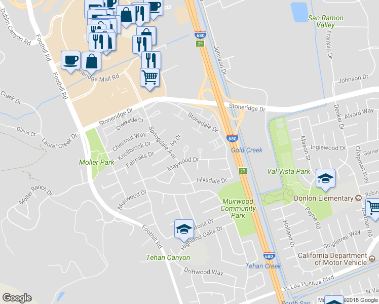 map of restaurants, bars, coffee shops, grocery stores, and more near 5111 Oakdale Court in Pleasanton