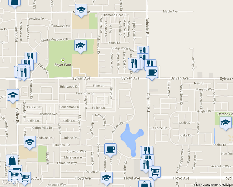 map of restaurants, bars, coffee shops, grocery stores, and more near 1917 Fairington Lane in Modesto