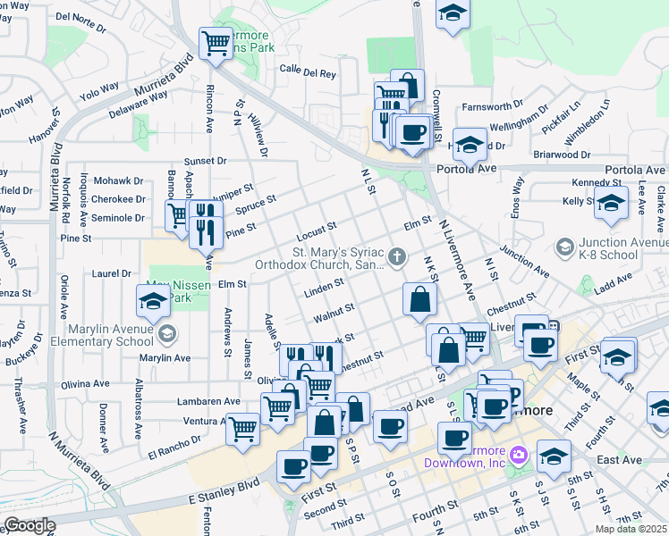 map of restaurants, bars, coffee shops, grocery stores, and more near 1769 Elm Street in Livermore