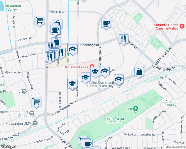 map of restaurants, bars, coffee shops, grocery stores, and more near in Pleasanton