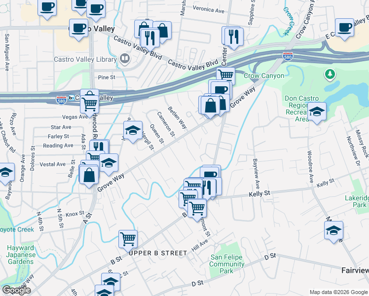 map of restaurants, bars, coffee shops, grocery stores, and more near 22218 Cameron Street in Castro Valley